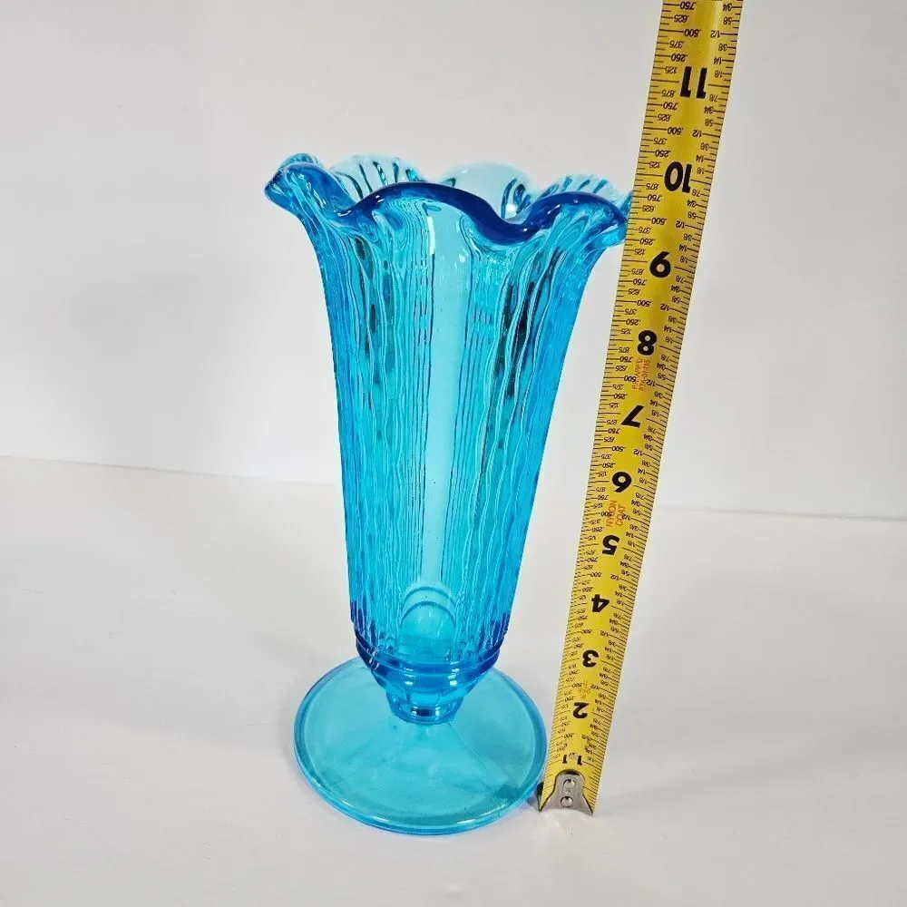 Vintage Aqua Ice Blue Footed Ruffled Ribbed Textured Depression Glass Vase 10